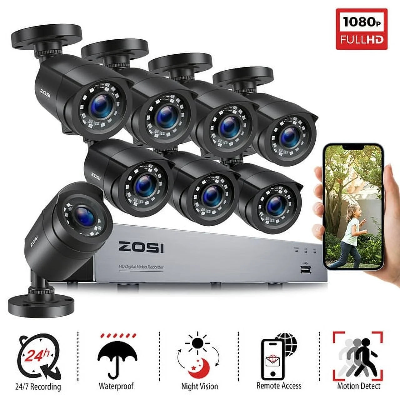 H.265+ 8CH 5MP Lite DVR 1080P Home Security Camera System Outdoor, 8Pcs 1080P 1920TVL Surveillance Weatherproof Bullet Cameras,80Ft IR Night Vision,Motion Alert,Remote Access(No HDD , Wired)